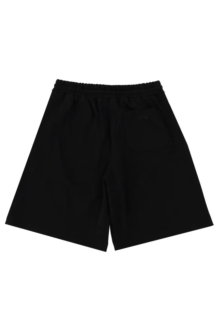Back side of msgm men’s black cotton shorts with elastic waistband and small logo on back pocket