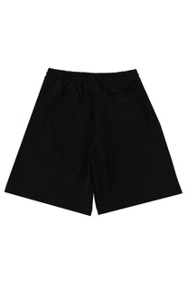 Back side of msgm men’s black cotton shorts with elastic waistband and small logo on back pocket