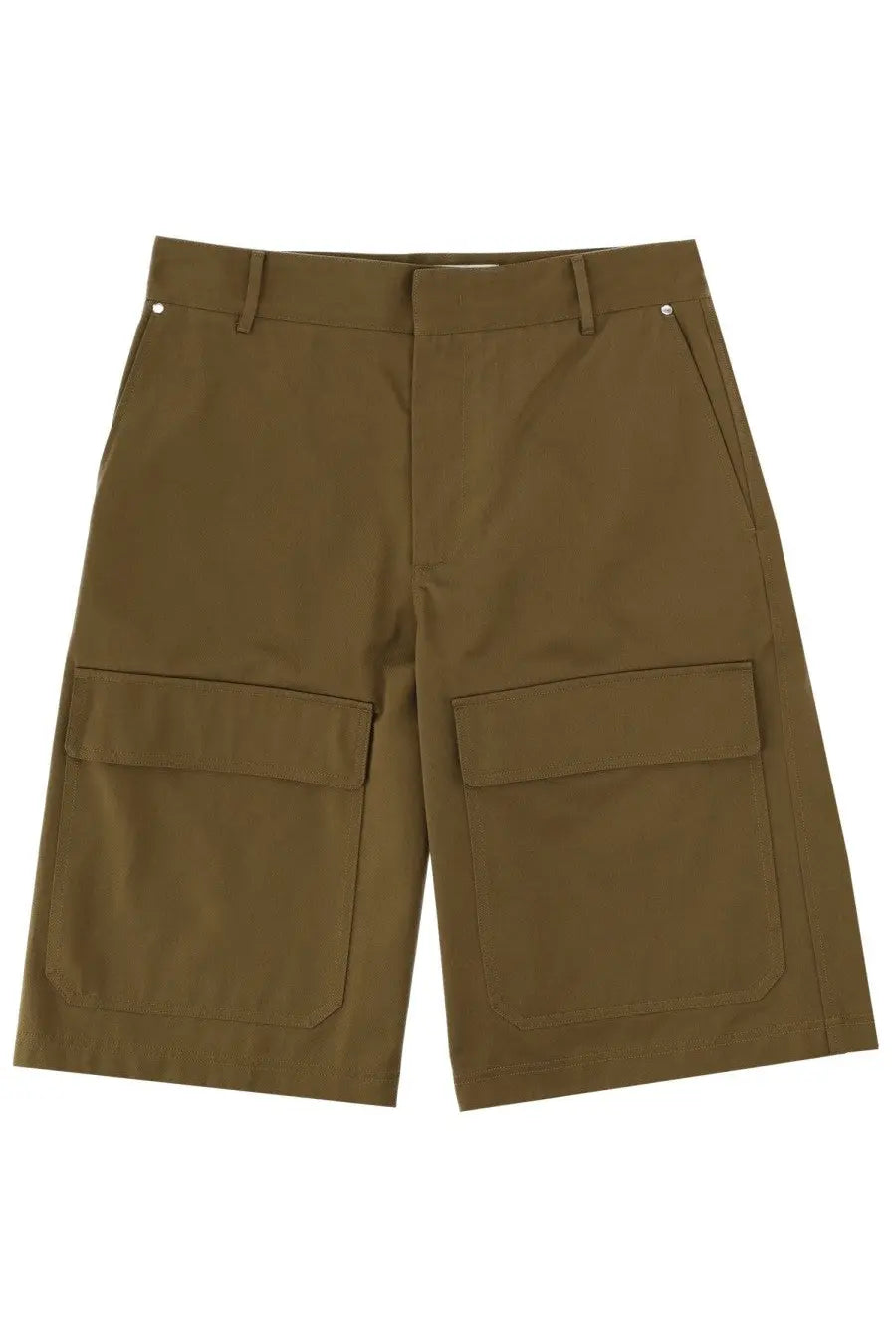 Msgm men’s olive green cotton cargo shorts with two large flap pockets and a buttoned waistband