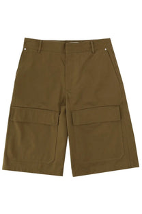 Msgm men’s olive green cotton cargo shorts with two large flap pockets and a buttoned waistband