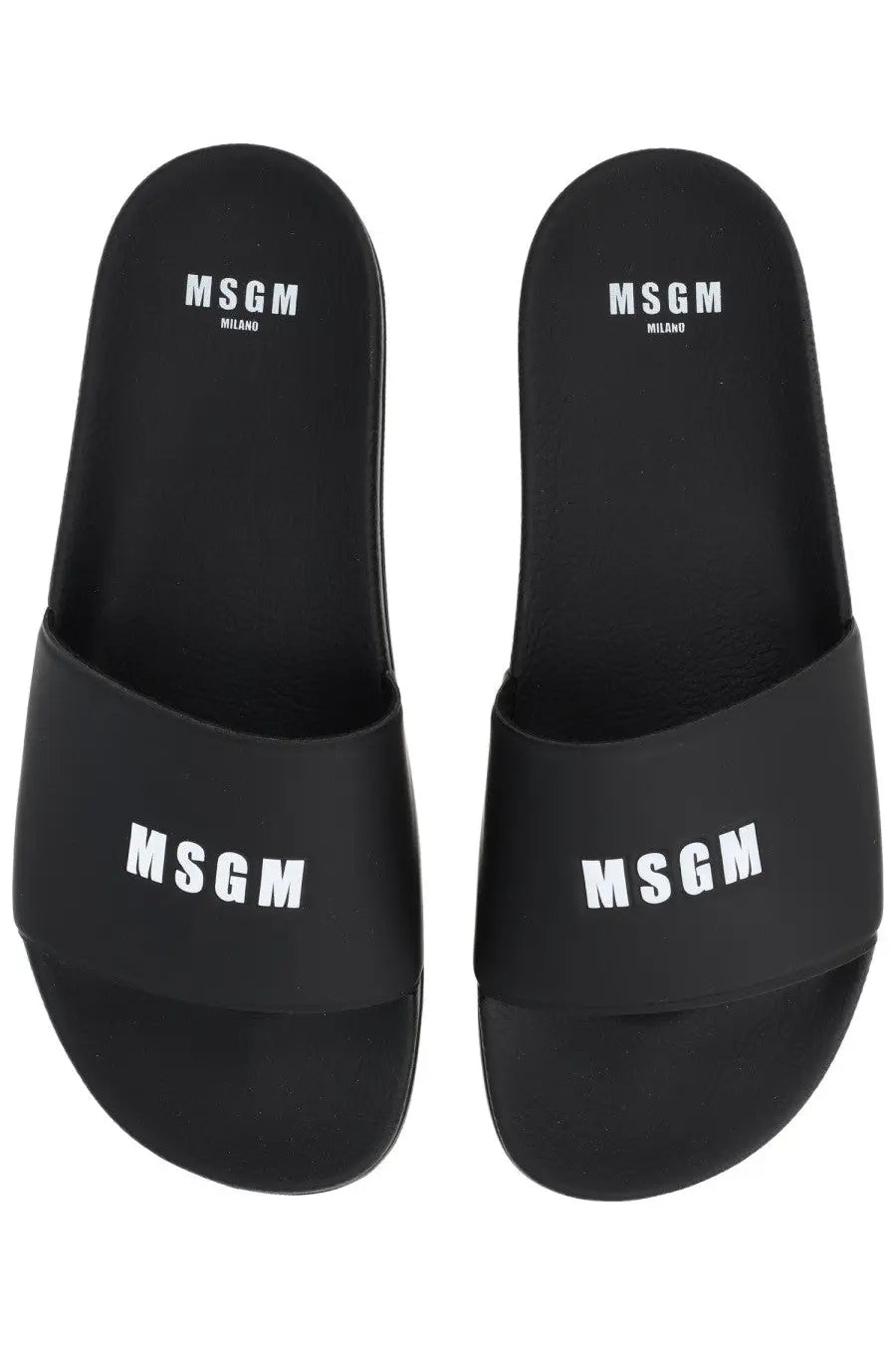 Black msgm milano slide sandals with bold white logo branding for men in a comfortable slip-on design