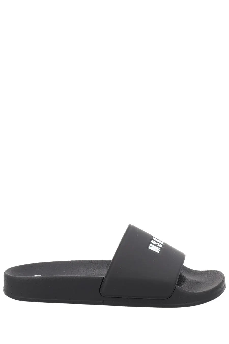 Msgm men’s black rubber slide sandal with white moschino logo on the strap for casual wear