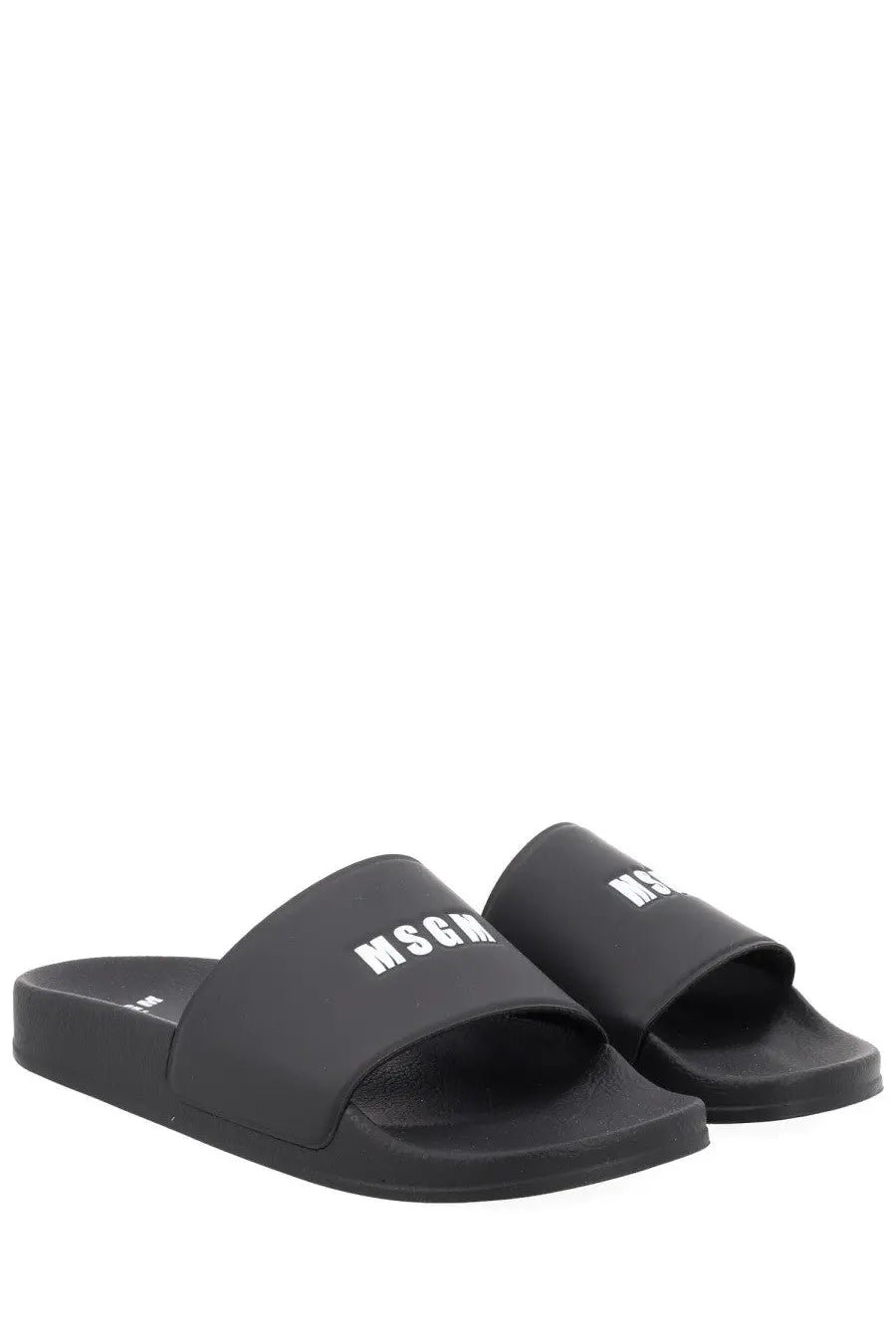 Black rubber slide sandals with bold white msgm logo on the foot strap for men con black model