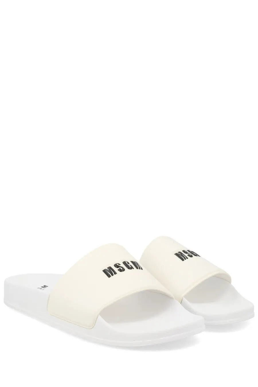 Cream-colored MSGM men’s slide sandals with black mschf branding on the strap for casual wear