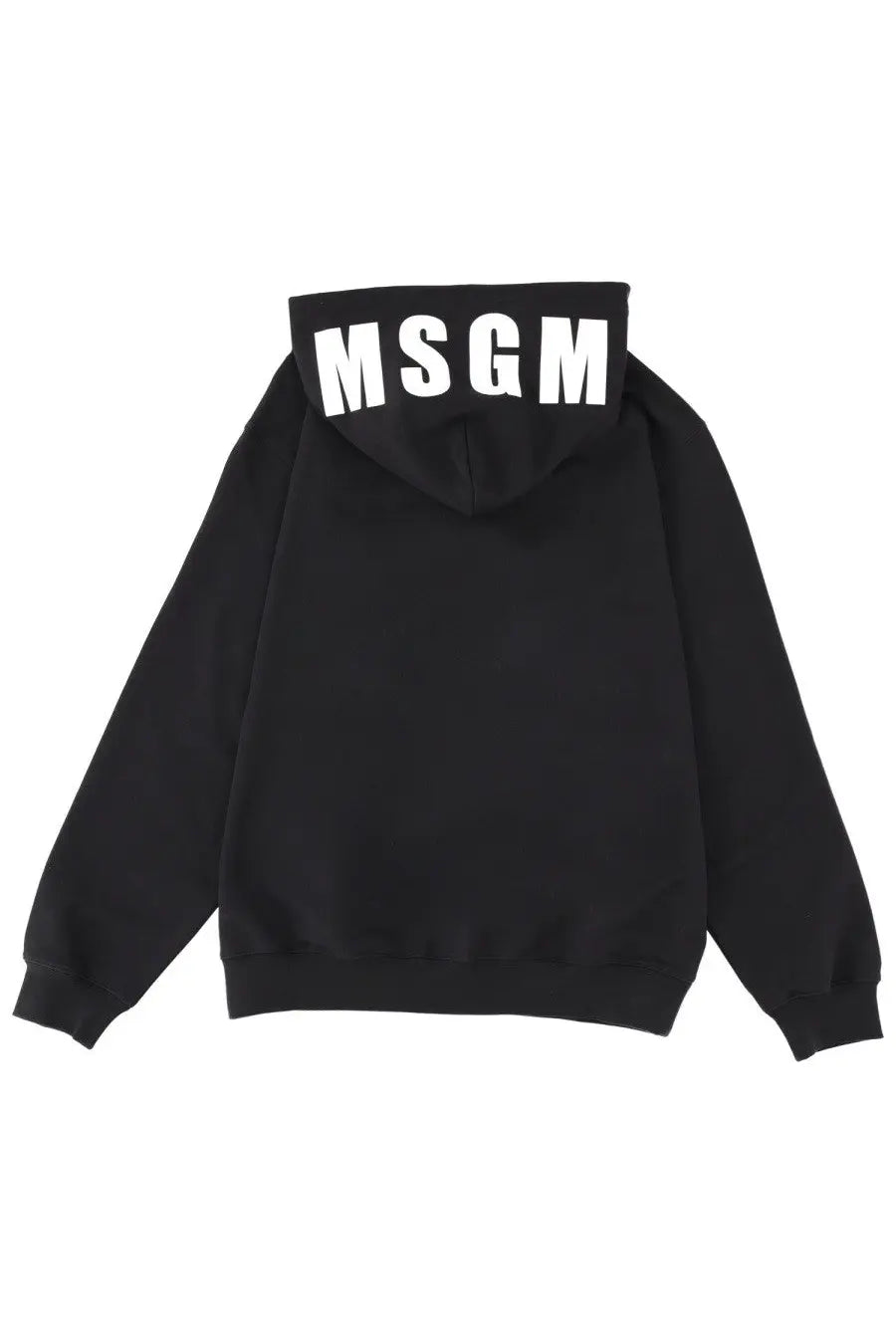 Black MSGM men’s sweatshirt hoodie with bold white lettering across the hood in soft cotton material