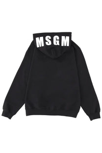 Black MSGM men’s sweatshirt hoodie with bold white lettering across the hood in soft cotton material