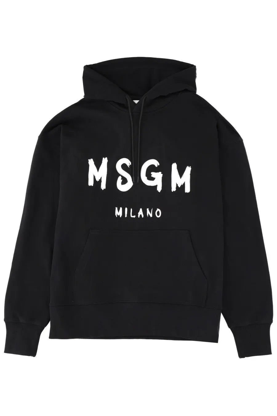 Black msgm milano hoodie with bold white brushstroke lettering across the chest for men’s sweatshirt black