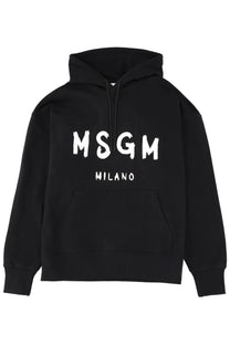 Black msgm milano hoodie with bold white brushstroke lettering across the chest for men’s sweatshirt black