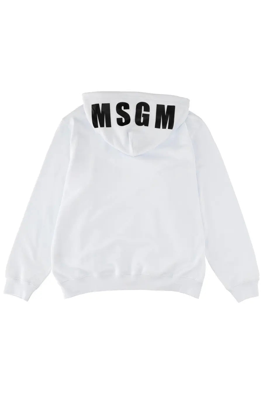 Back view of msgm men’s white sweatshirt hoodie with bold black lettering across the hood in cotton blend