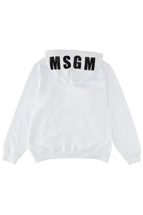 Back view of msgm men’s white sweatshirt hoodie with bold black lettering across the hood in cotton blend