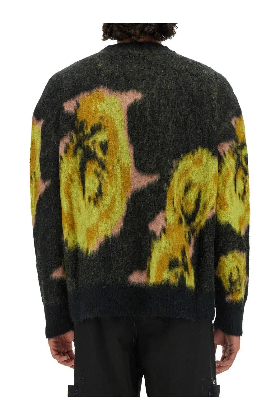Msgm men’s underground pixelled roses jersey black fuzzy knit sweater with bold yellow and pink floral patterns
