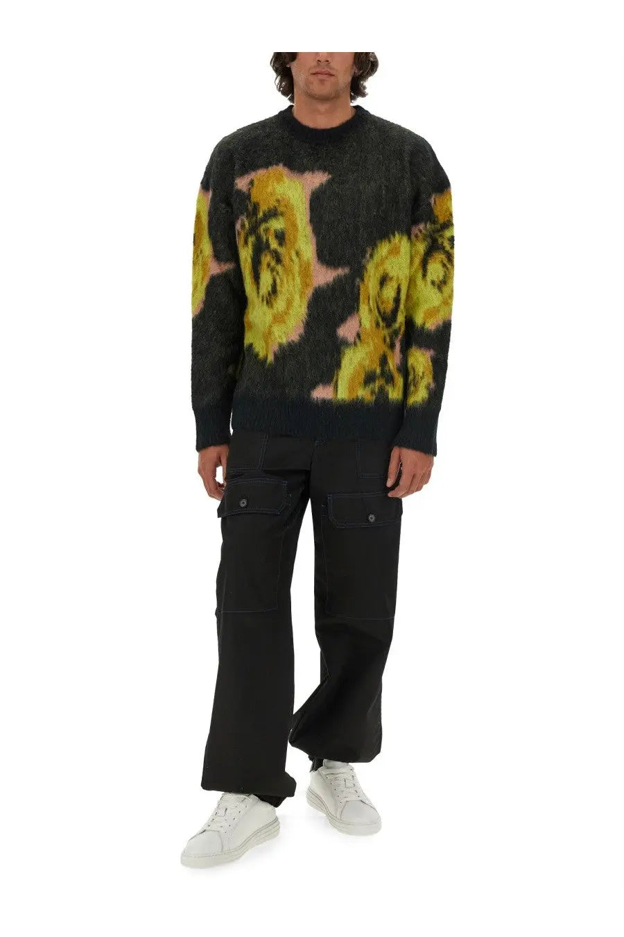 Msgm men’s black knit sweater with bold yellow and pink pixelled roses floral pattern multicolor jersey