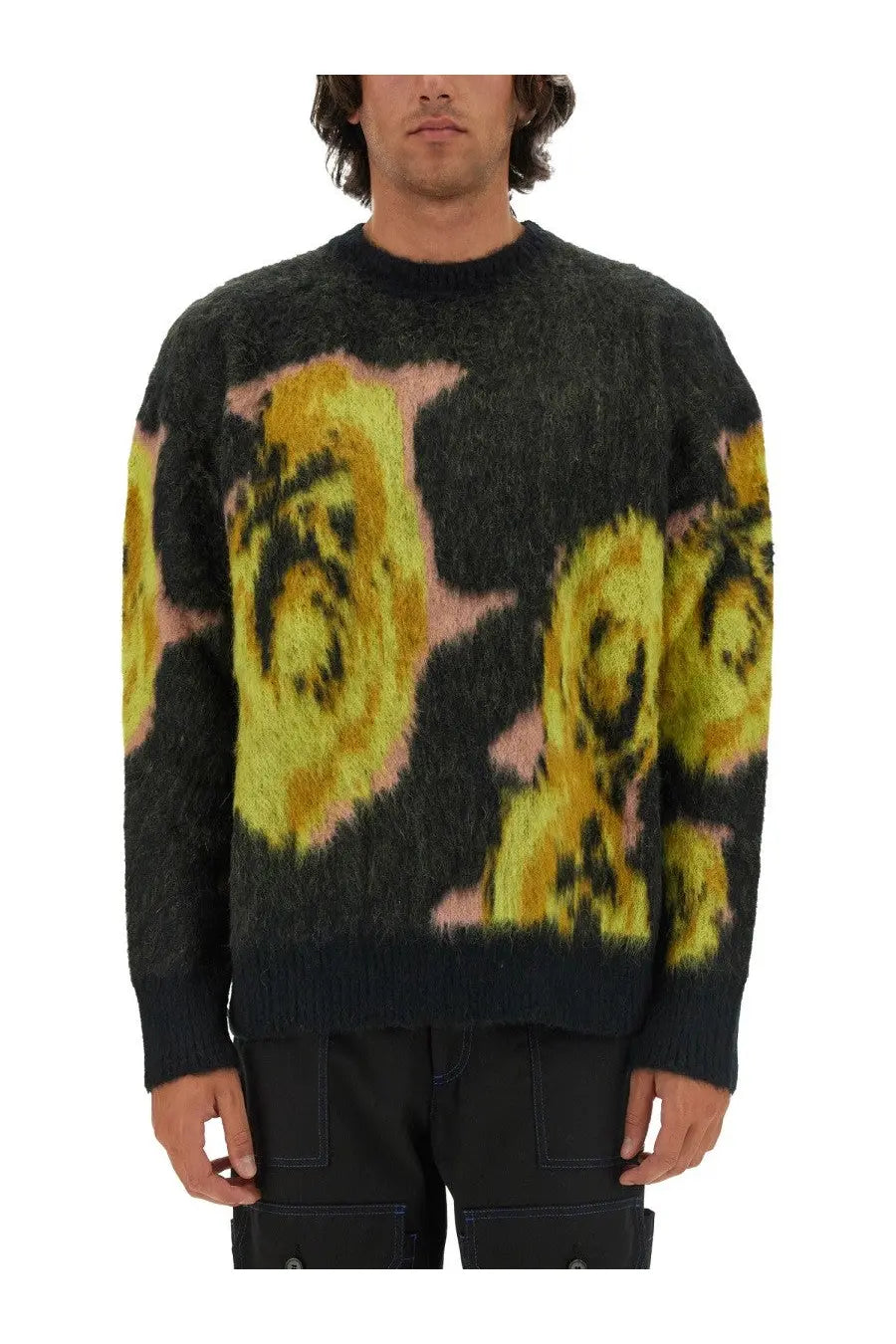 Msgm men’s dark gray fuzzy knit sweater with bold oversized yellow and pink pixelled roses pattern