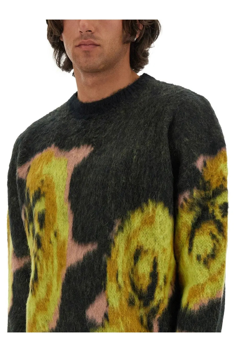 Msgm men’s fuzzy black sweater with vibrant yellow and pink abstract floral patterns multicolor jersey