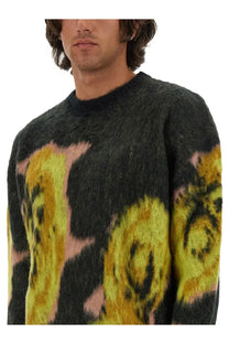 Msgm men’s fuzzy black sweater with vibrant yellow and pink abstract floral patterns multicolor jersey