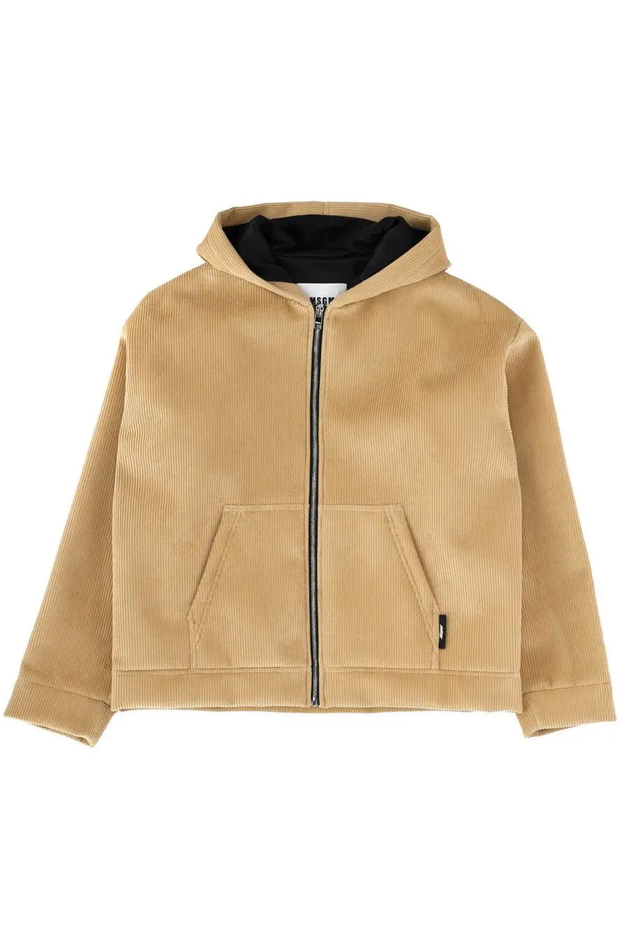 Msgm men’s beige velvet jacket featuring a tan corduroy zip-up hoodie with black lining and front pockets