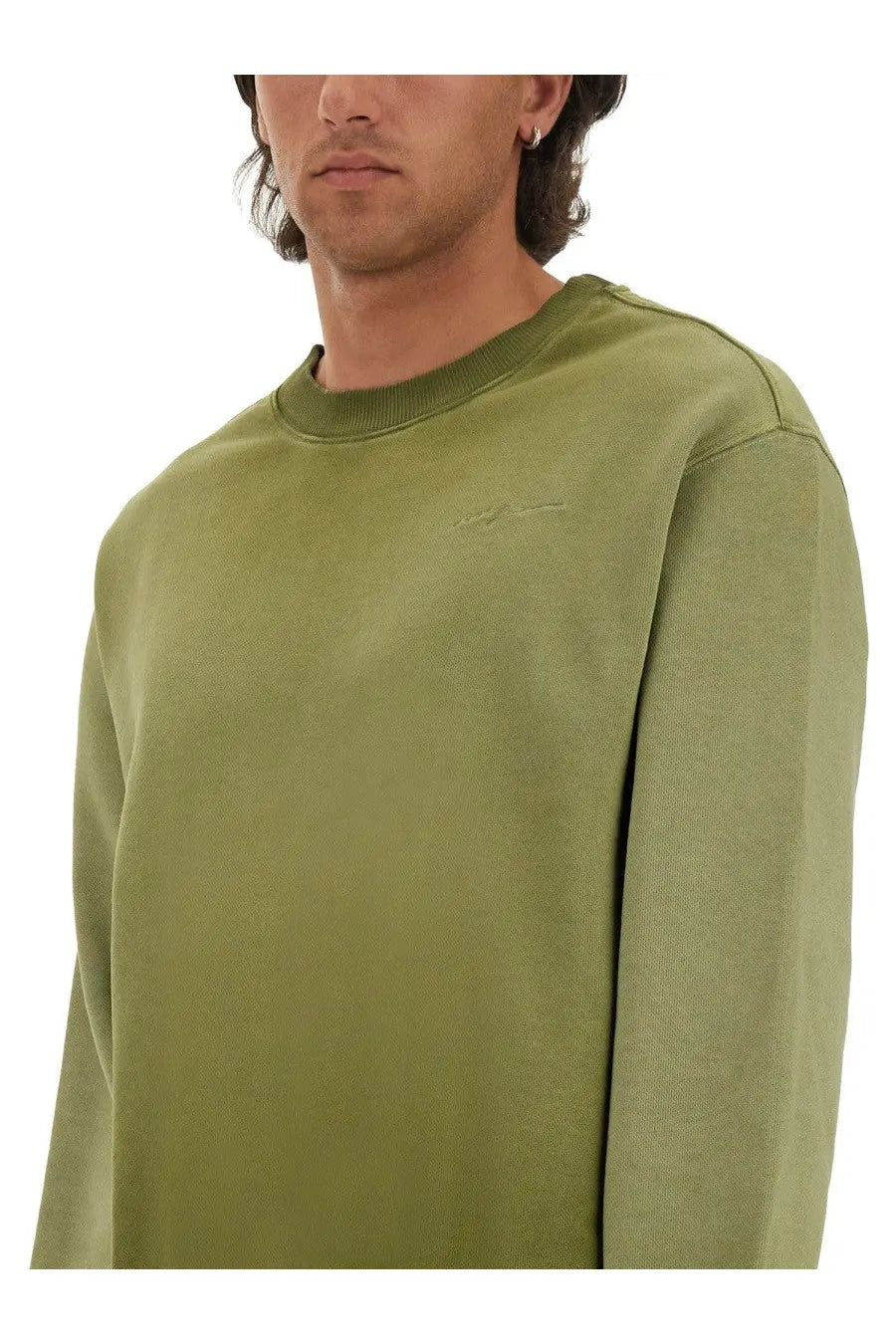 Msgm men’s washed out jersey sweatshirt green olive crewneck with subtle embroidered logo on the chest