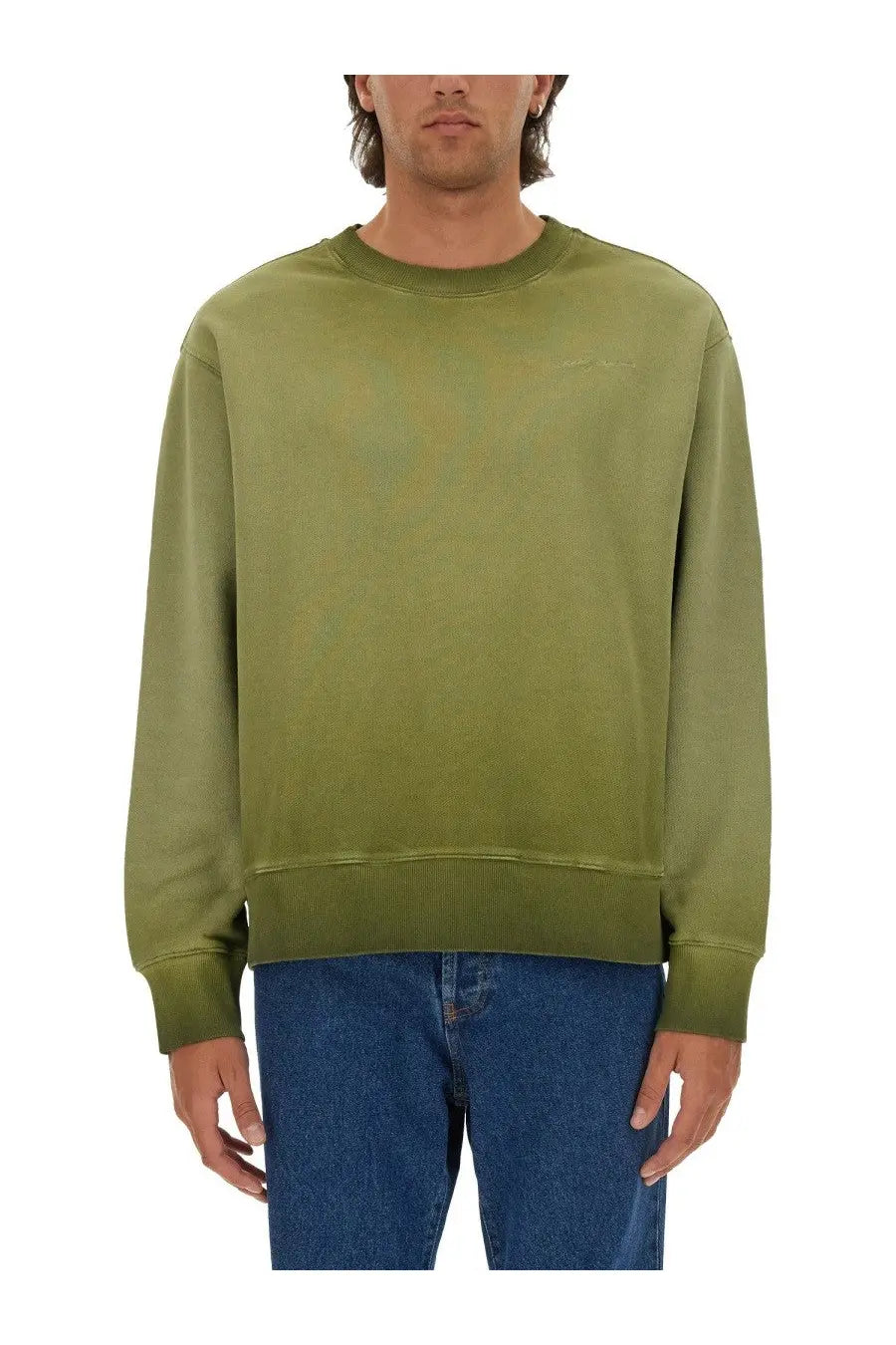 Msgm men’s washed out jersey sweatshirt in olive green with ribbed cuffs and hem made from soft jersey fabric