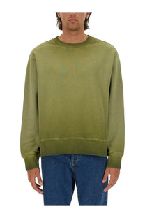 Msgm men’s washed out jersey sweatshirt in olive green with ribbed cuffs and hem made from soft jersey fabric