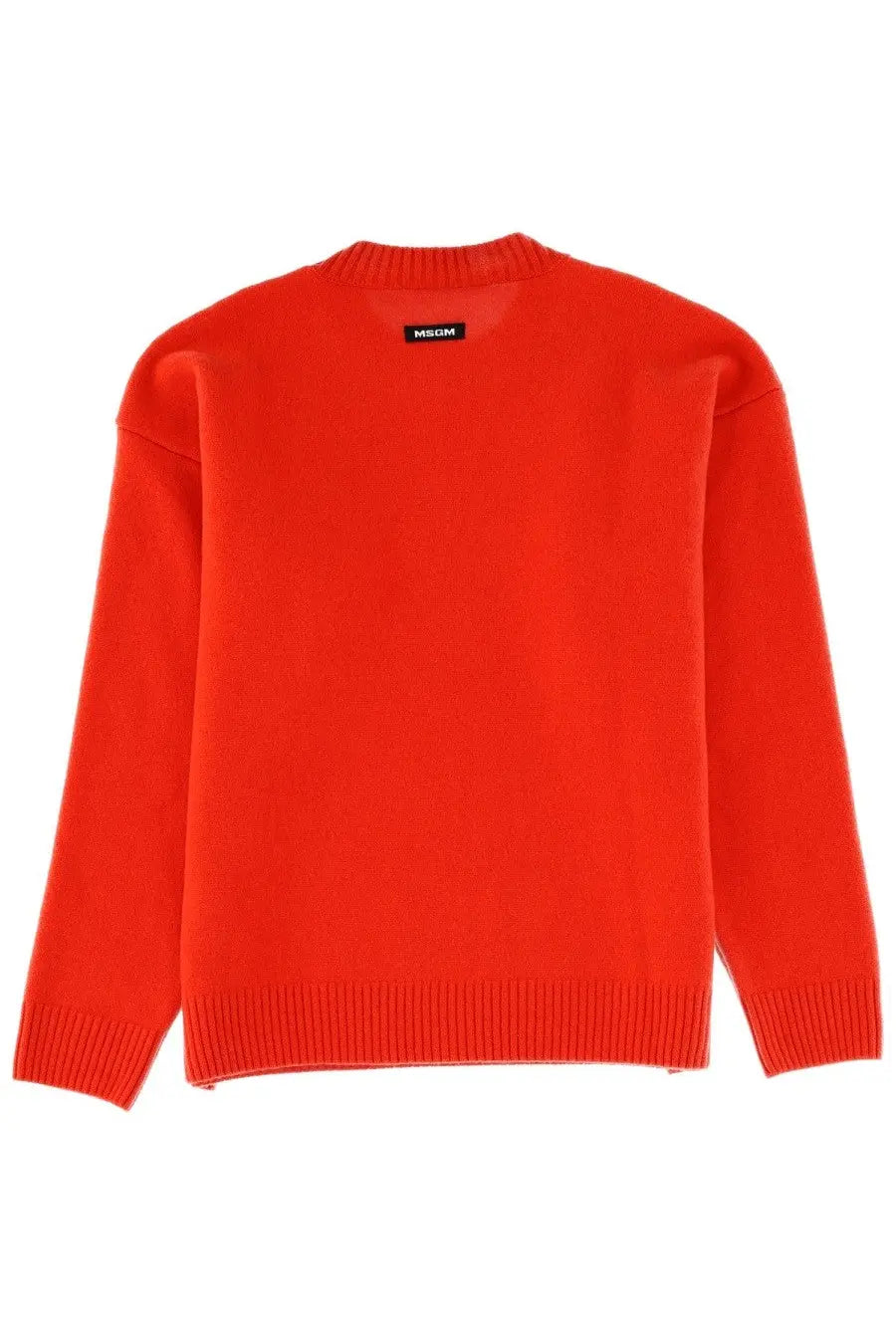 Msgm men’s wool sweater red in vibrant orange knit with ribbed cuffs hem and small black mschf label at neckline