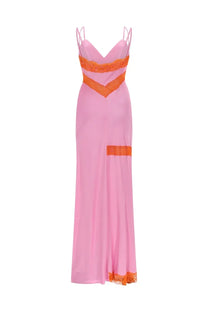 Msgm women’s abito con dettagli in pizzo blue flowing pink satin gown with delicate orange lace trim on neckline waistband and hemline