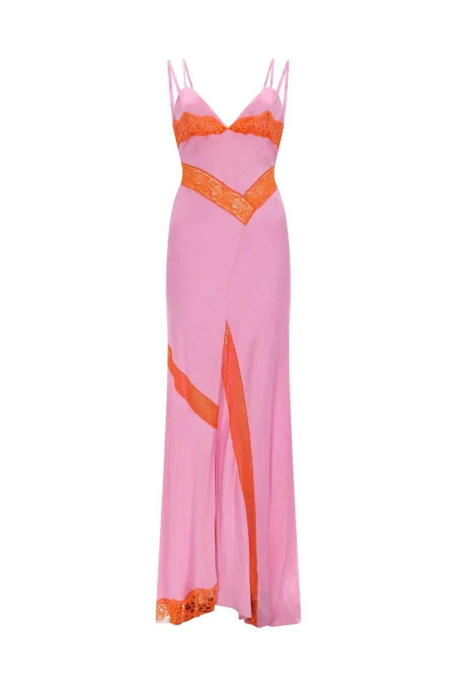 Msgm women’s abito con dettagli in pizzo blue flowing pink satin gown with vibrant orange lace trim
