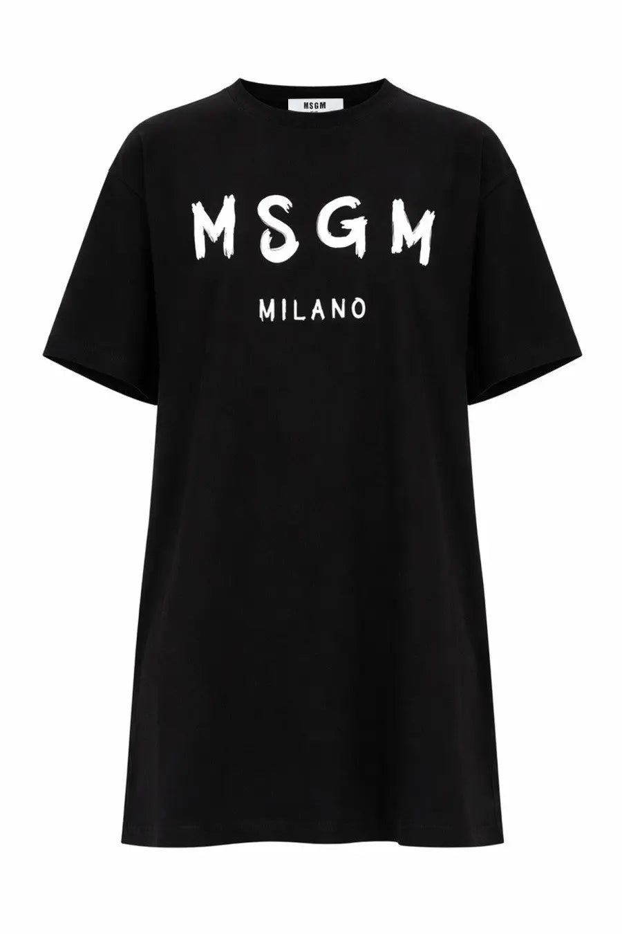 Black msgm milano oversized t-shirt with bold white brushstroke lettering across the chest for women