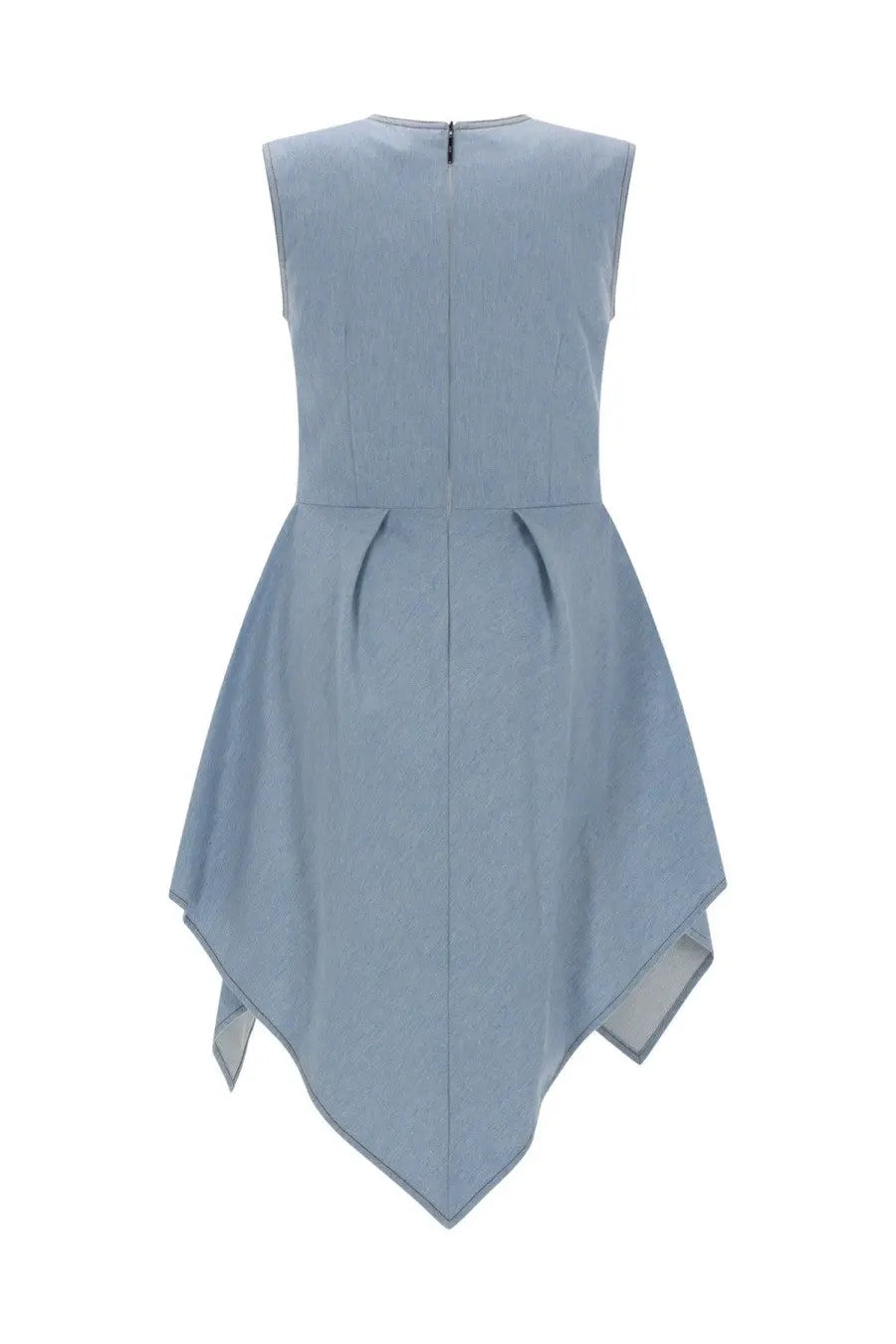 A light blue denim sleeveless dress by MSGM with a fitted bodice and asymmetrical flared skirt