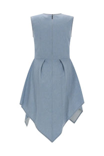 A light blue denim sleeveless dress by MSGM with a fitted bodice and asymmetrical flared skirt