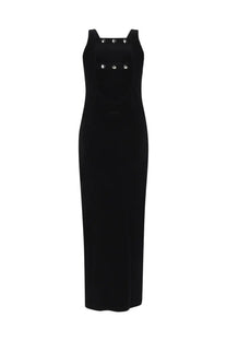 Msgm women’s abito lungo black sleeveless viscose maxi dress with silver toned studs on shoulder straps and central panel