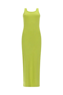 Msgm women’s abito lungo neon lime green sleeveless maxi dress with rounded neckline in smooth viscose fabric