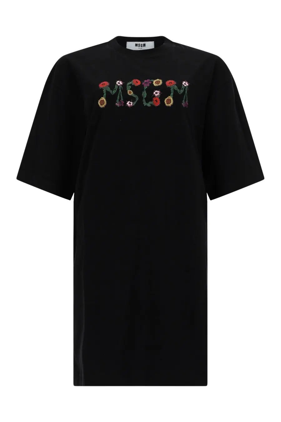 Black oversized t shirt with moschino floral appliqué embroidered in red orange yellow and purple blossoms on front