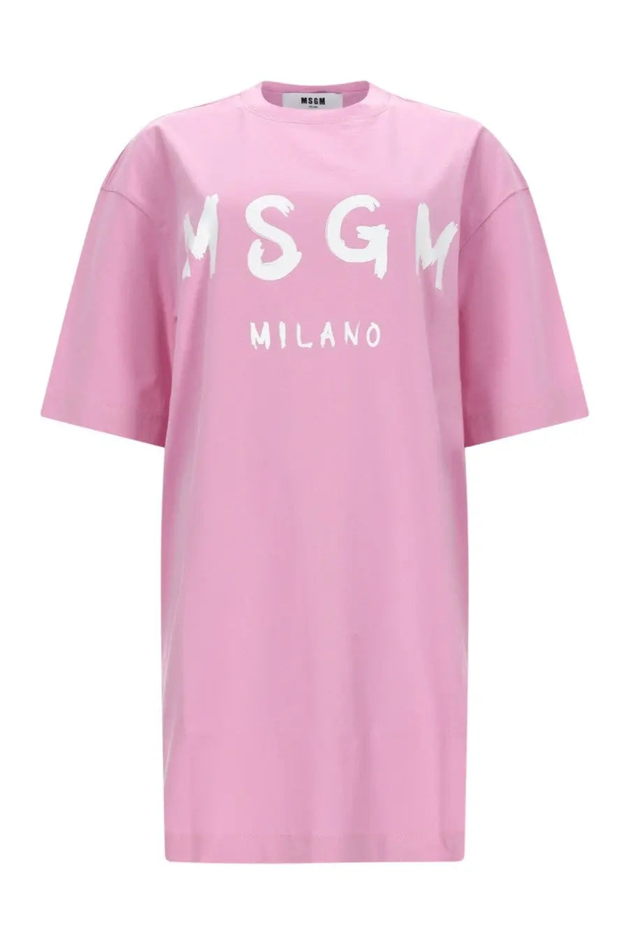 Pink oversized cotton t-shirt with bold white msgm milano lettering across the chest in msgm women’s abito shirt con blue collection
