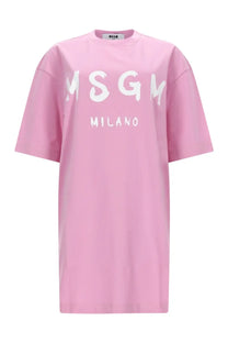 Pink oversized cotton t-shirt with bold white msgm milano lettering across the chest in msgm women’s abito shirt con blue collection