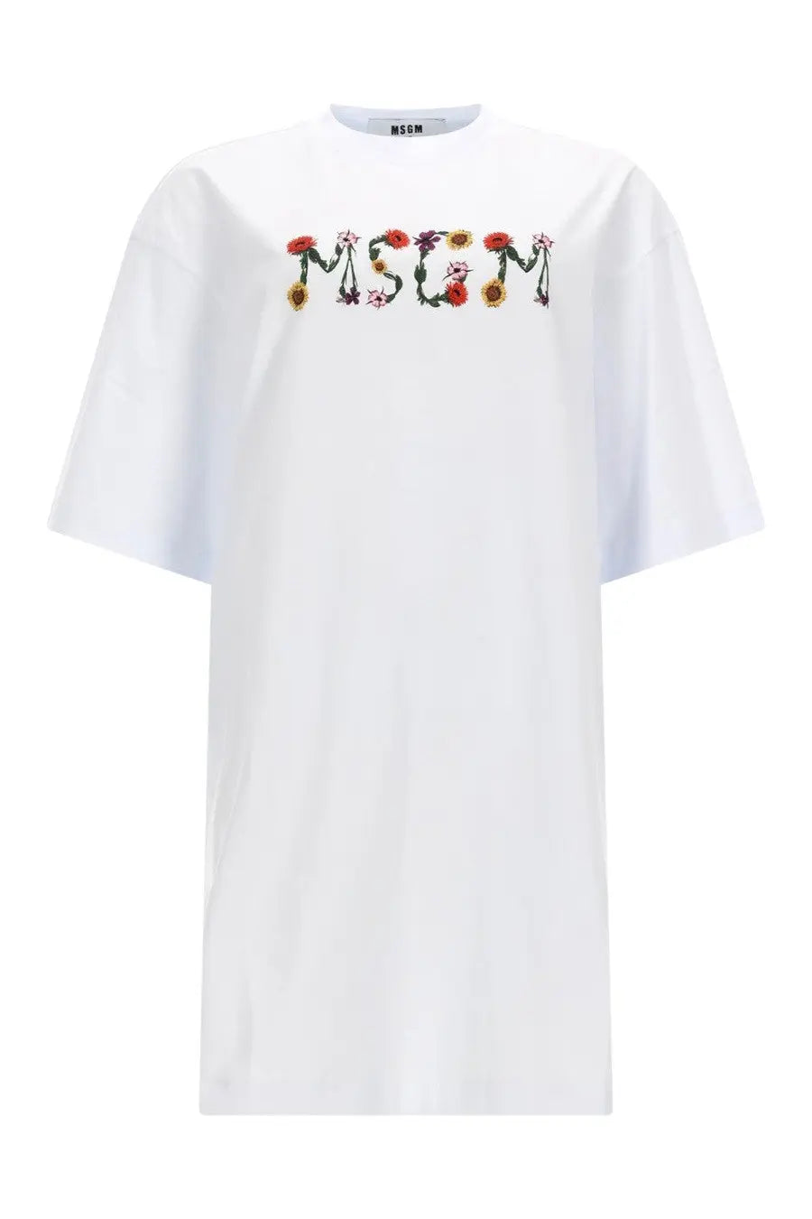 White oversized cotton MSGM women’s abito shirt featuring embroidered mschf letters with colorful floral designs