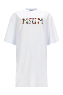 White oversized cotton MSGM women’s abito shirt featuring embroidered mschf letters with colorful floral designs