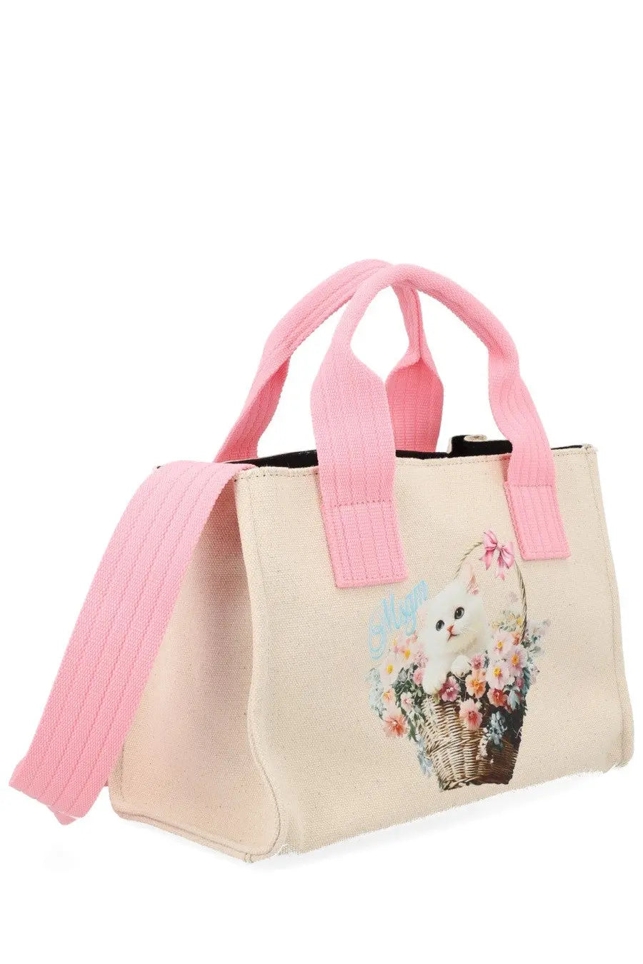 Beige canvas tote bag with pink ribbed handles and kitten floral basket print by MSGM women’s borsa tote small con stampa