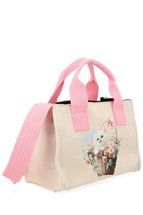 Beige canvas tote bag with pink ribbed handles and kitten floral basket print by MSGM women’s borsa tote small con stampa