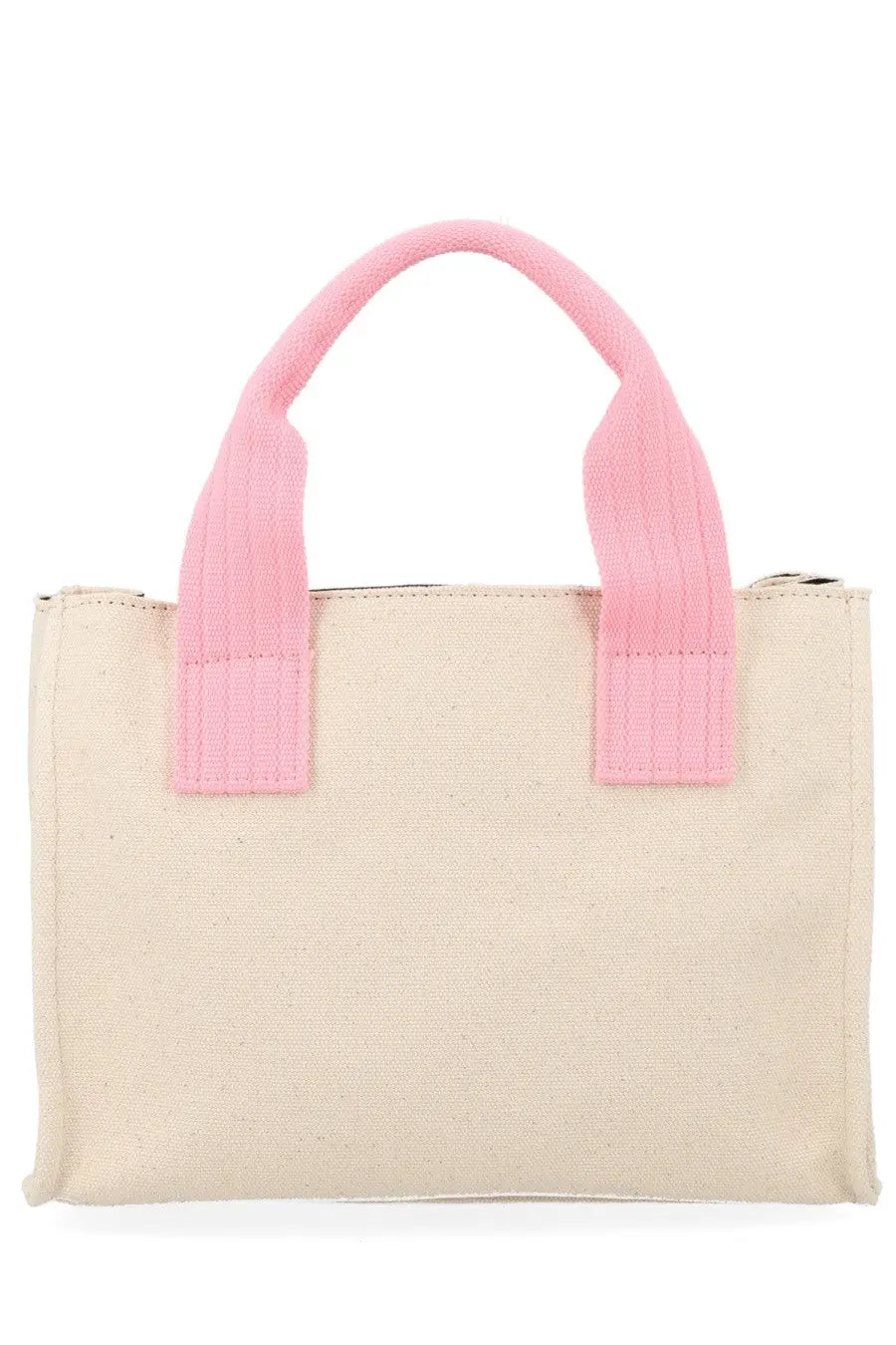 Msgm women’s beige canvas tote bag with pink ribbed fabric handles small con stampa design