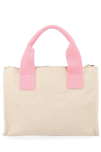 Msgm women’s beige canvas tote bag with pink ribbed fabric handles small con stampa design