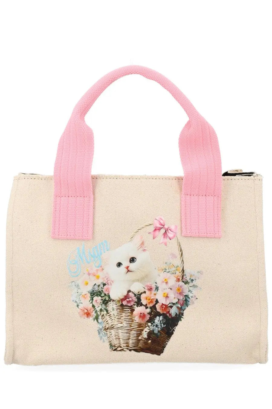 Beige canvas msgm women’s tote bag with pink fabric handles and a white kitten floral basket print