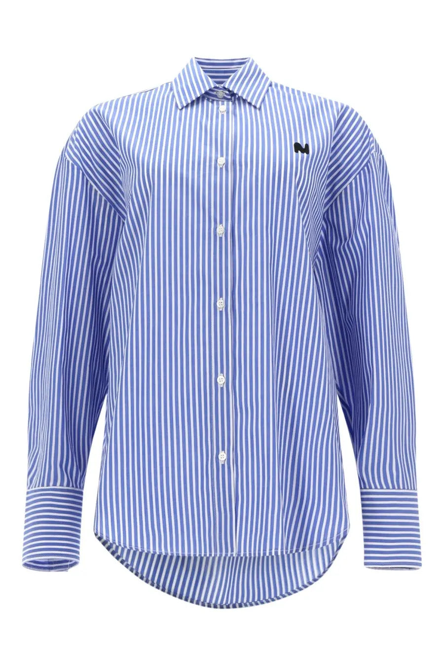 Msgm women’s camicia con blue long-sleeved button-up shirt with blue and white vertical stripes and black logo