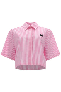 Msgm women’s camicia crop con blue pink and white striped cropped button-up shirt with short sleeves and black logo