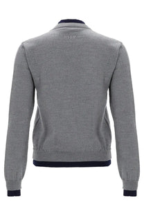 Msgm women’s gray knit bomber jacket with navy ribbed collar cuffs hem and subtle msrm logo embroidery at neckline