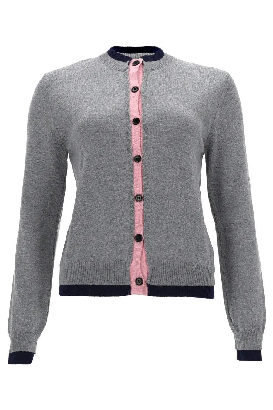 Msgm women’s gray knit cardigan with pink central placket and navy blue trim at collar cuffs and hem