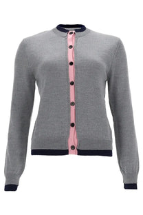 Msgm women’s gray knit cardigan with pink central placket and navy blue trim at collar cuffs and hem