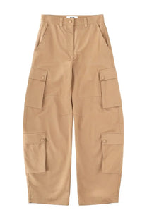 Beige msgm women’s cargo pants with multiple flap pockets and button closure designed for casual wear