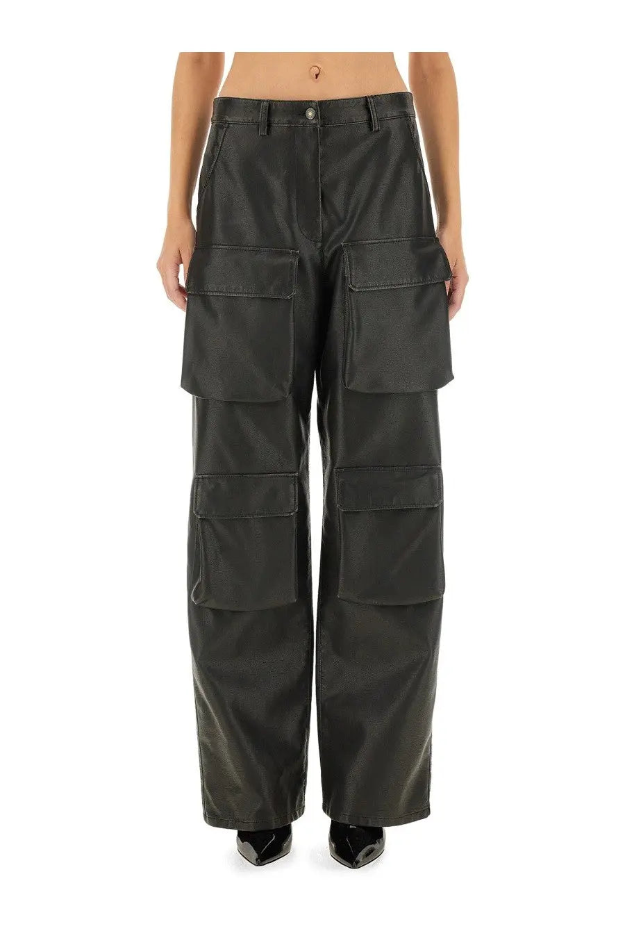 Msgm women’s black faux leather cargo pants with high waist and multiple large pockets