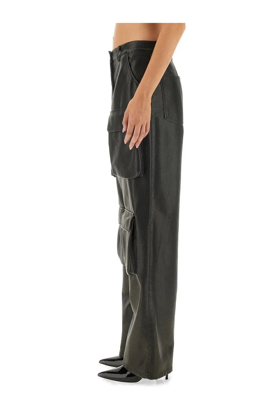Msgm women’s cargo pants black with wide legs made of black faux leather featuring large multiple pockets