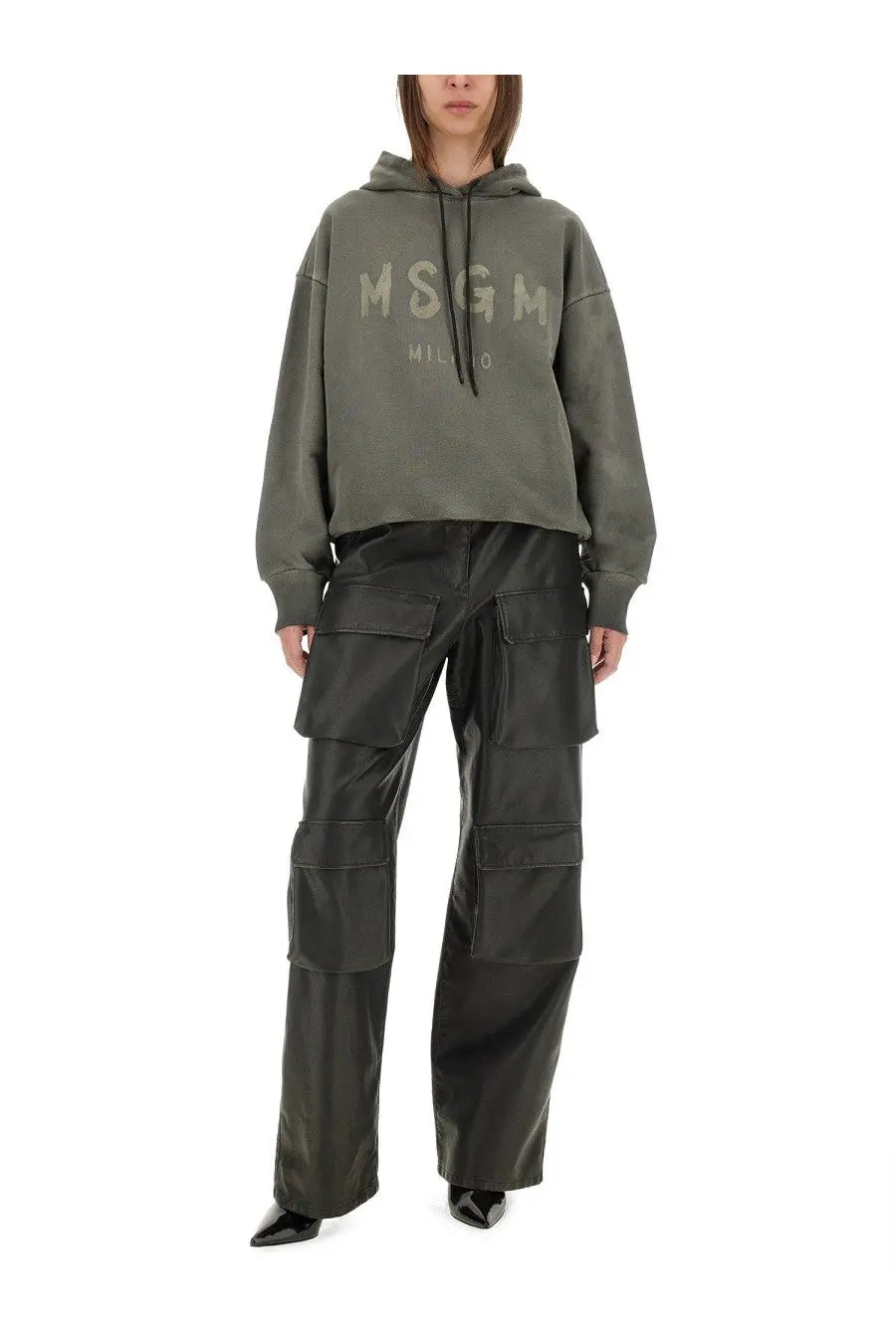 Olive green msgm hoodie with milano print across the chest paired with black womens cargo pants